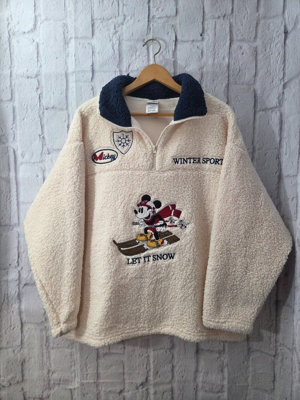 Disney XXL Off White Navy Mickey Mouse Quarter Zip Cozy Winter Sherpa Pullover